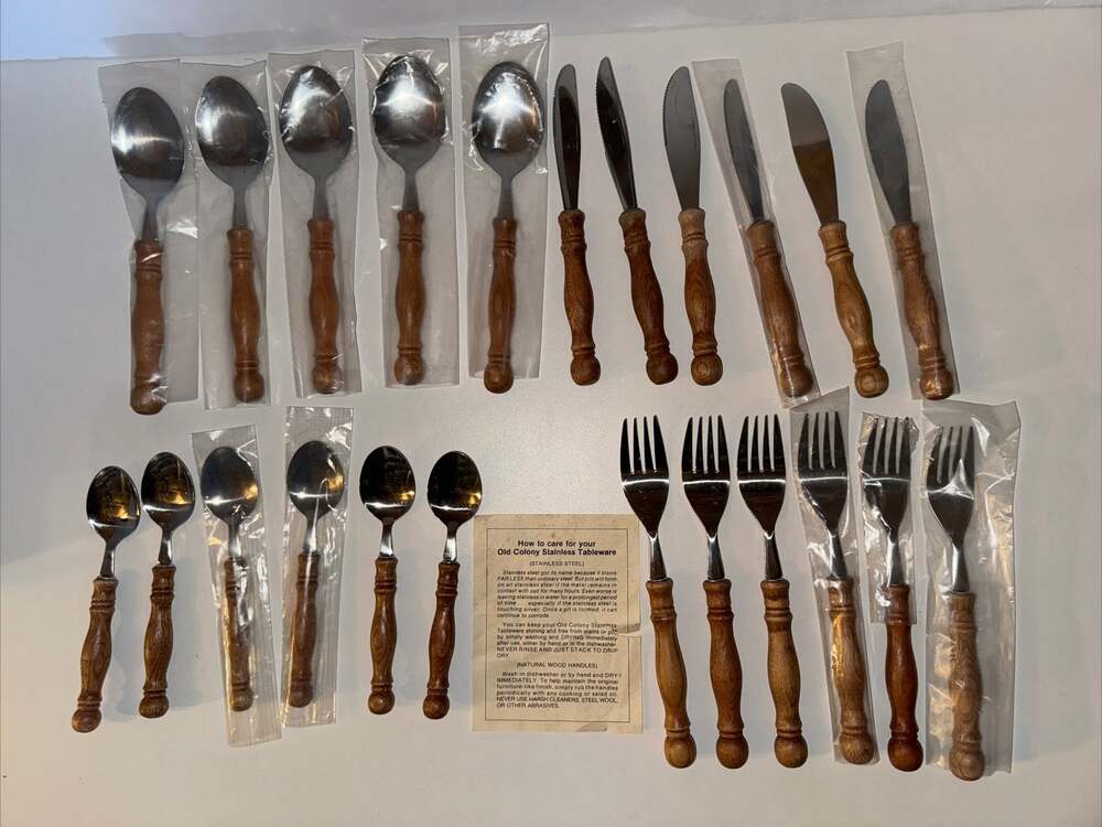 New Old Colony Stainless Steel Natural Wood Eating Utensils Spoons Forks Knives
